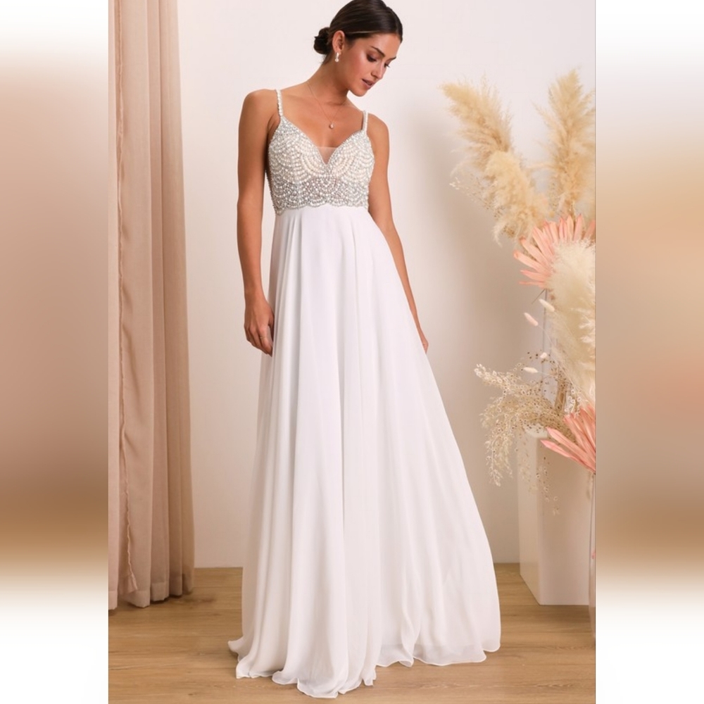 Lulu's True Love White Beaded Rhinestone Maxi Dress